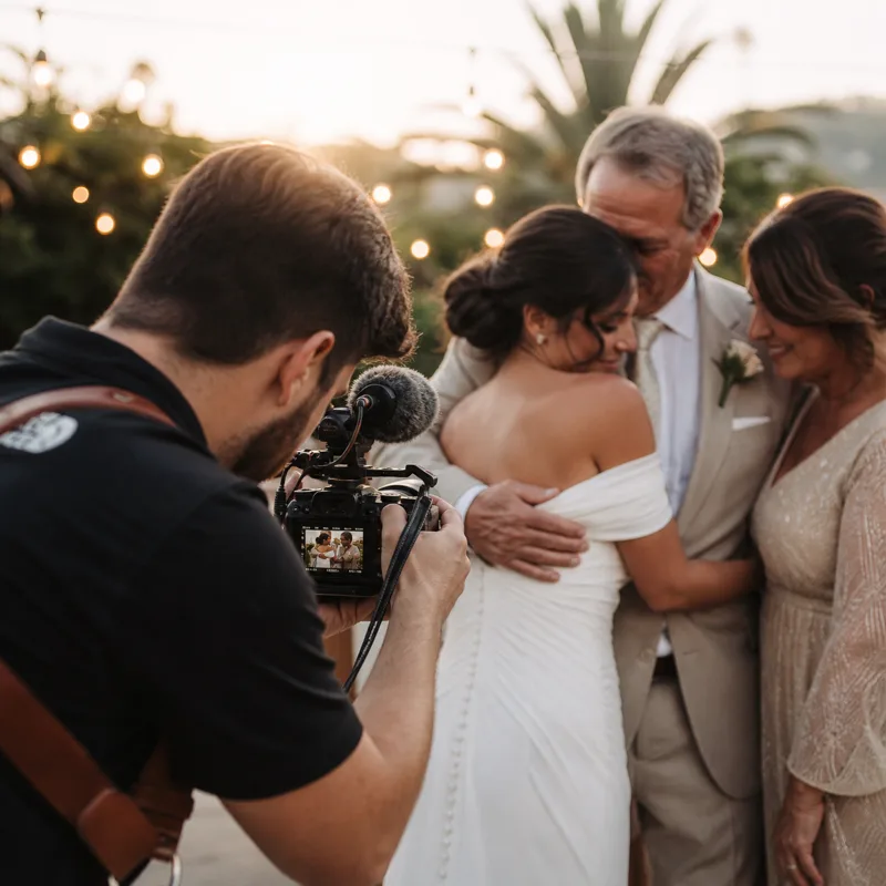 Outdoor wedding ceremony filmed from behind the guests