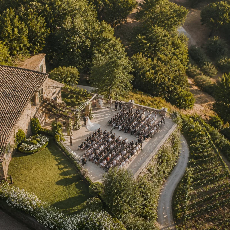 Aerial view of an outdoor wedding venue